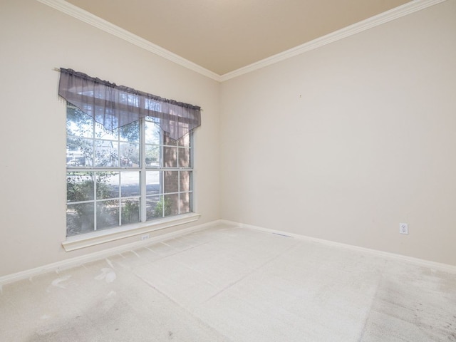 carpeted empty room with baseboards and crown molding