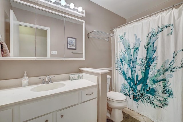 full bath with toilet, a shower with shower curtain, tile patterned flooring, and vanity