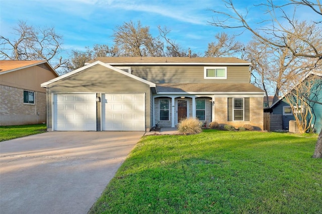 traditional-style house with a garage, brick siding, fence, driveway, and a front lawn