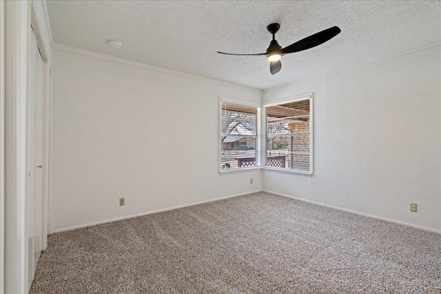 12306 Hickorystick Cv, Austin, TX 78750 - unfurnished room with crown molding, a textured ceiling, carpet, a ceiling fan, and baseboards