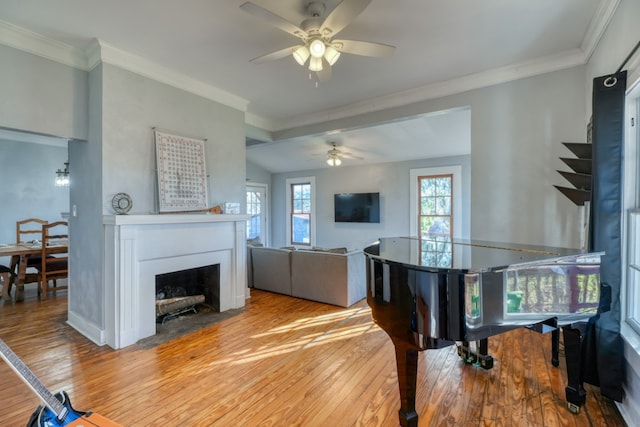 living area featuring ornamental molding, a wealth of natural light, a fireplace, and light wood-style floors