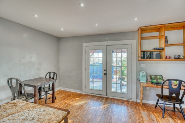 doorway to outside with french doors, hardwood / wood-style floors, recessed lighting, and baseboards