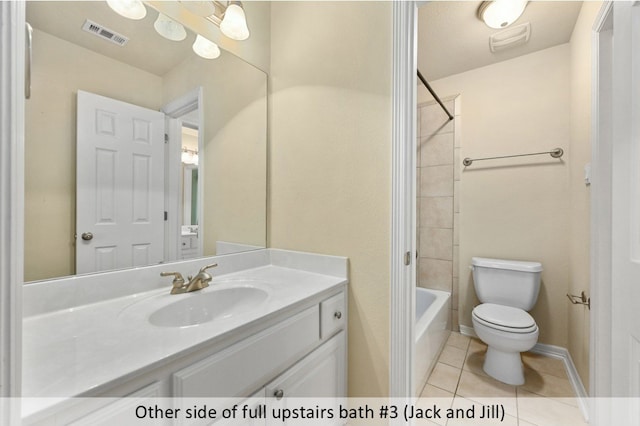 bathroom with visible vents, toilet,  shower combination, tile patterned flooring, and vanity