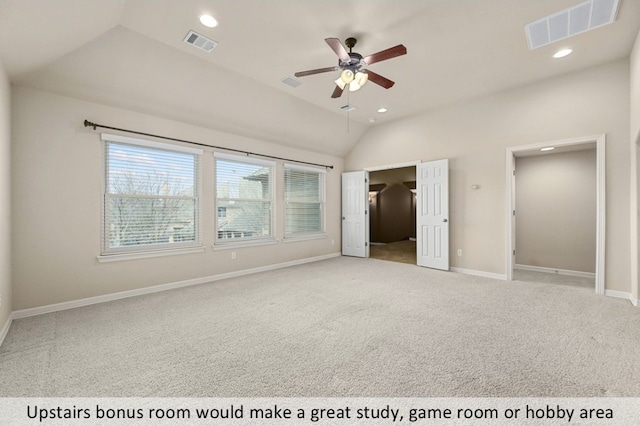 unfurnished bedroom featuring lofted ceiling, visible vents, baseboards, and recessed lighting