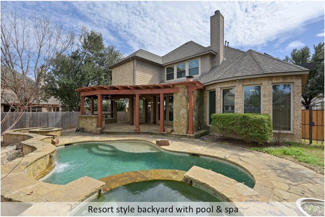 view of pool with a pool with connected hot tub, a fenced backyard, a patio, and a pergola