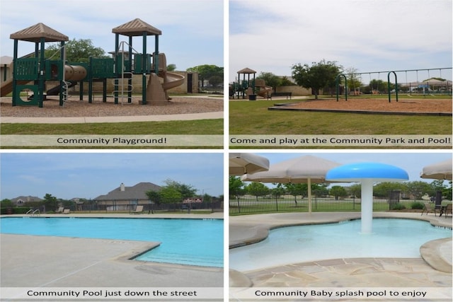 community pool with playground community, a water slide, and fence