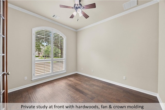 empty room featuring ceiling fan, visible vents, baseboards, ornamental molding, and dark wood finished floors