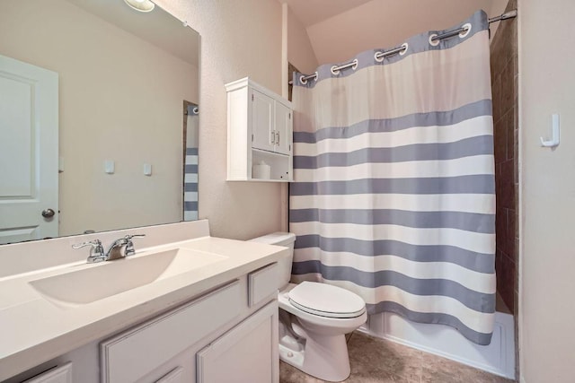 full bath with tile patterned floors, toilet, vanity, and a shower with curtain