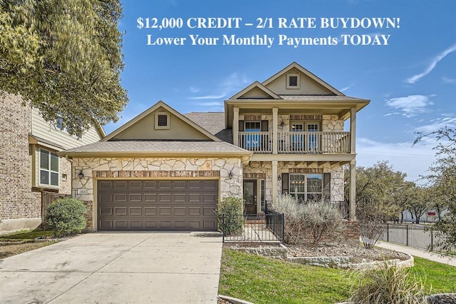 165 Crescent Heights Dr, Georgetown, TX 78628 - view of front of property with driveway, stone siding, fence, a garage, and a balcony