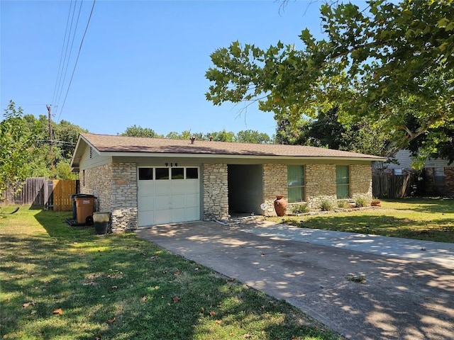 ranch-style house with a garage, concrete driveway, fence, and a front lawn