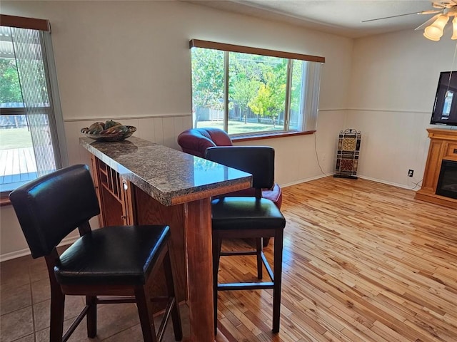 dining area with a ceiling fan, wainscoting, a fireplace, and wood finished floors