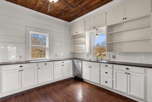 kitchen with open shelves, dark countertops, stainless steel dishwasher, dark wood-type flooring, and wood ceiling