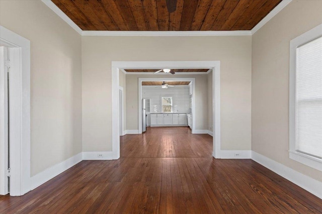 unfurnished room featuring dark wood-type flooring, wooden ceiling, crown molding, and baseboards