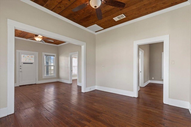 spare room featuring visible vents, baseboards, dark wood-style floors, wood ceiling, and ornamental molding