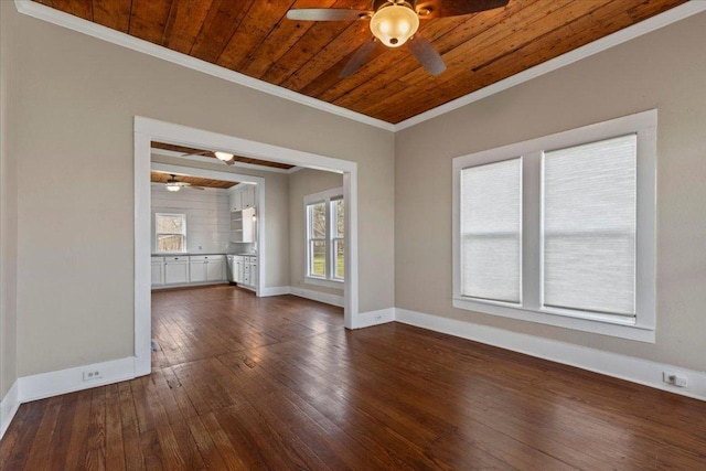 unfurnished room featuring ceiling fan, dark wood-type flooring, wood ceiling, baseboards, and crown molding