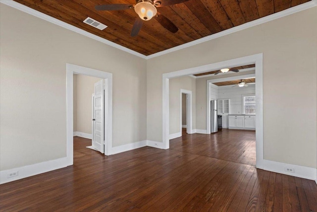 spare room with wood ceiling, visible vents, baseboards, dark wood finished floors, and crown molding