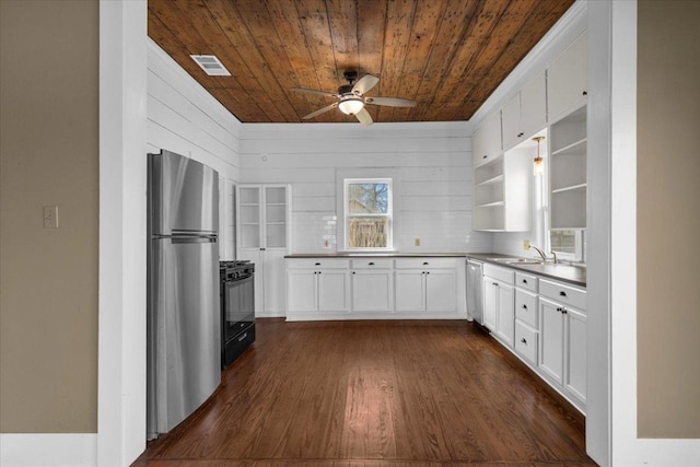 kitchen featuring visible vents, wood ceiling, appliances with stainless steel finishes, open shelves, and a sink