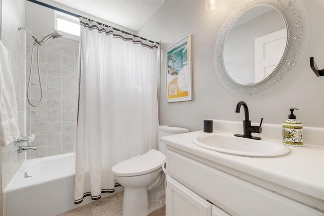 bathroom featuring a textured ceiling, toilet, vanity, tile patterned floors, and shower / bath combo with shower curtain