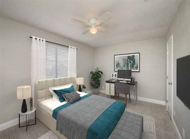 bedroom featuring ceiling fan, carpet flooring, and baseboards