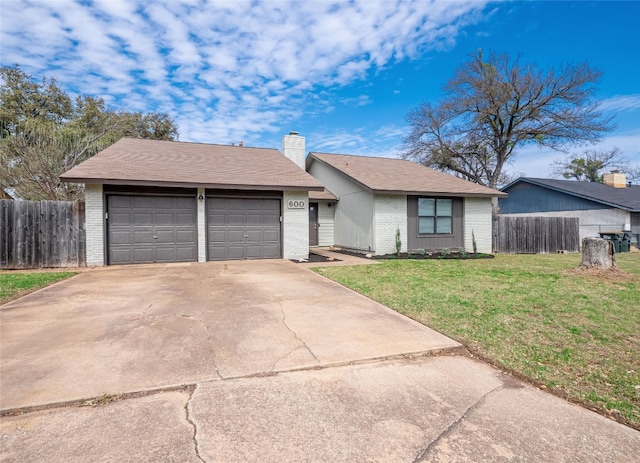 ranch-style house featuring a garage, brick siding, fence, a chimney, and a front yard