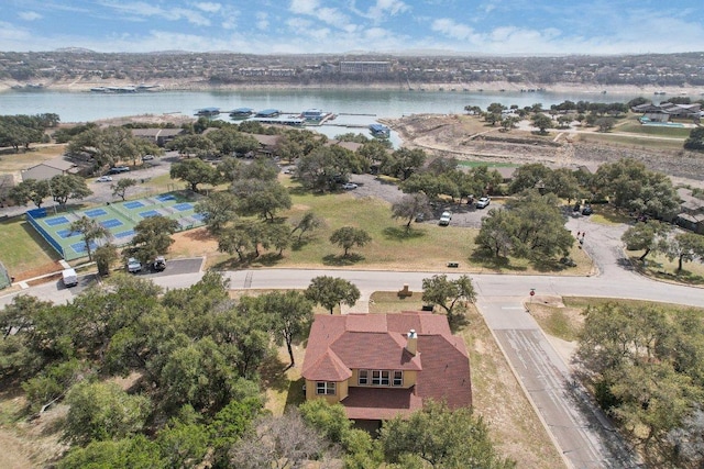 drone / aerial view featuring a water view