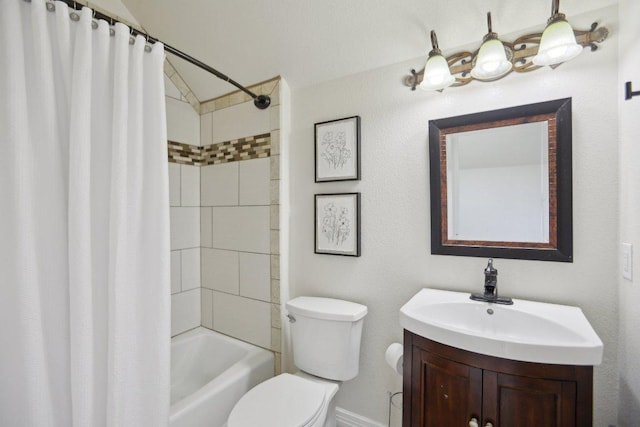 full bath with toilet, shower / bath combo with shower curtain, and vanity
