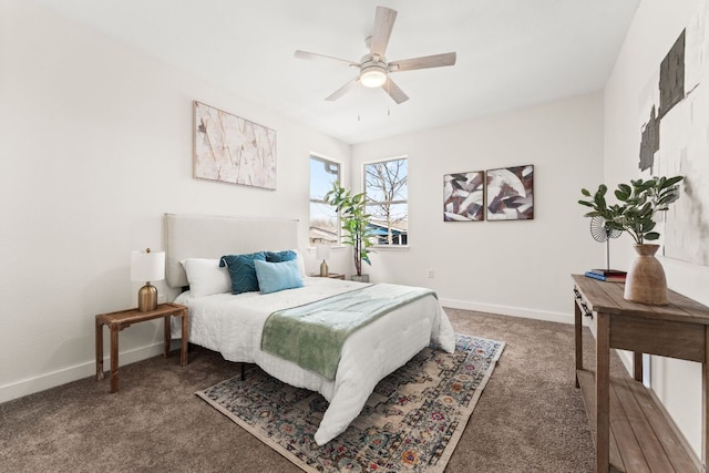 bedroom with carpet, baseboards, and ceiling fan