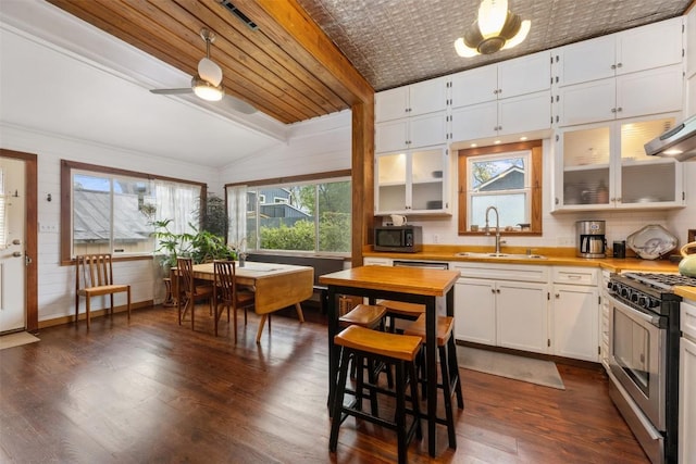 2300 Willow St, Austin, TX 78702 - kitchen with a sink, gas range, dark wood-style flooring, white cabinetry, and glass insert cabinets