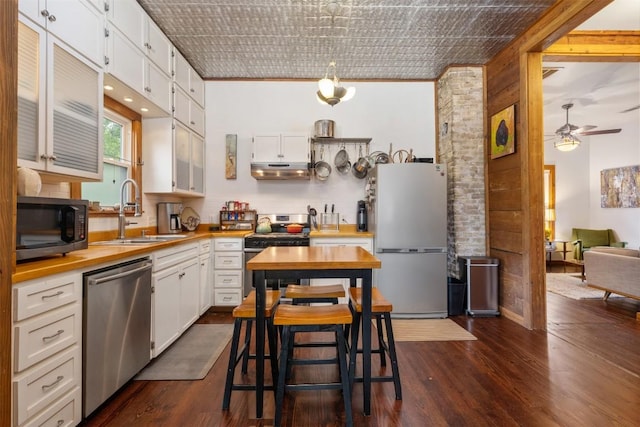 kitchen with an ornate ceiling, a sink, butcher block countertops, stainless steel appliances, and under cabinet range hood