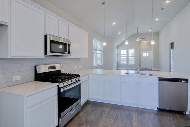 kitchen with visible vents, appliances with stainless steel finishes, dark wood-type flooring, light countertops, and a sink