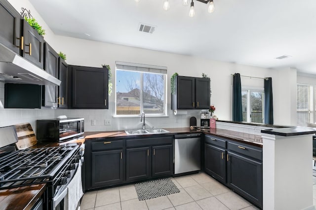 kitchen with visible vents, decorative backsplash, appliances with stainless steel finishes, a peninsula, and a sink