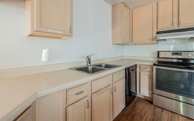 kitchen featuring under cabinet range hood, a sink, stainless steel electric range, dishwasher, and light brown cabinetry