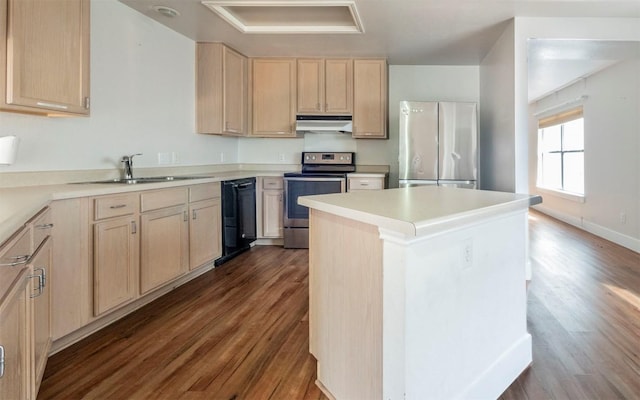 kitchen with a kitchen island, appliances with stainless steel finishes, dark wood-style flooring, light brown cabinetry, and under cabinet range hood