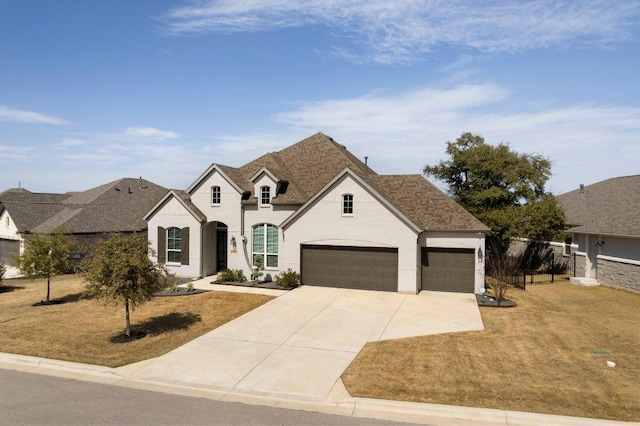 french country inspired facade featuring roof with shingles, brick siding, an attached garage, driveway, and a front lawn