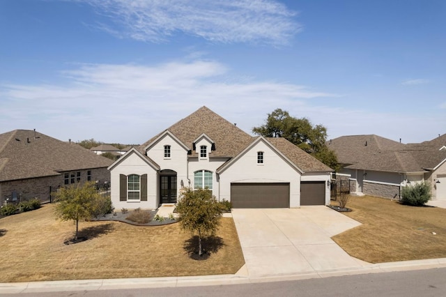 french country home featuring a garage, a front yard, concrete driveway, and roof with shingles