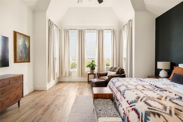296 Running Bird Rd, Austin, TX 78737 - bedroom featuring light wood finished floors, vaulted ceiling, baseboards, and a ceiling fan