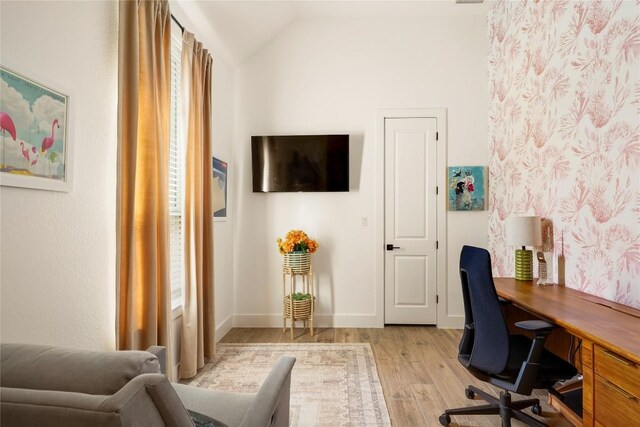 296 Running Bird Rd, Austin, TX 78737 - home office featuring wood finished floors and lofted ceiling