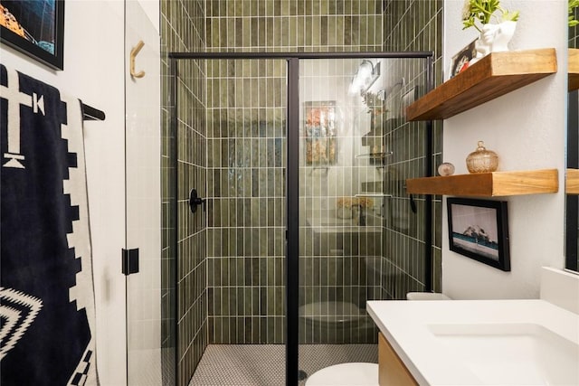 296 Running Bird Rd, Austin, TX 78737 - bathroom with vanity, toilet, and a stall shower
