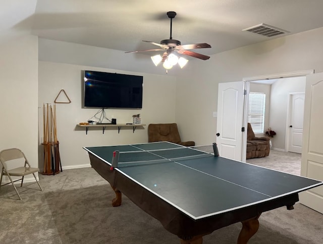 game room featuring baseboards, carpet, visible vents, and a ceiling fan