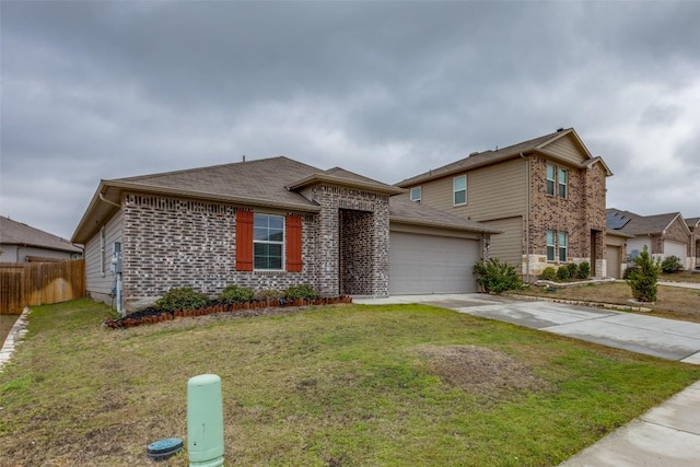 traditional-style home with driveway, an attached garage, fence, a front lawn, and brick siding