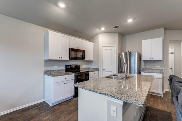 kitchen featuring visible vents, white cabinets, dark wood-style floors, black appliances, and a sink