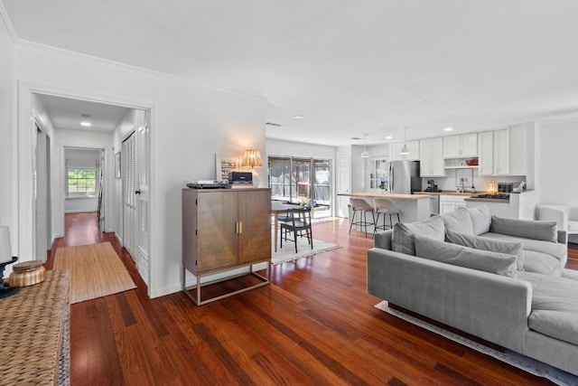 living area with dark wood-style floors