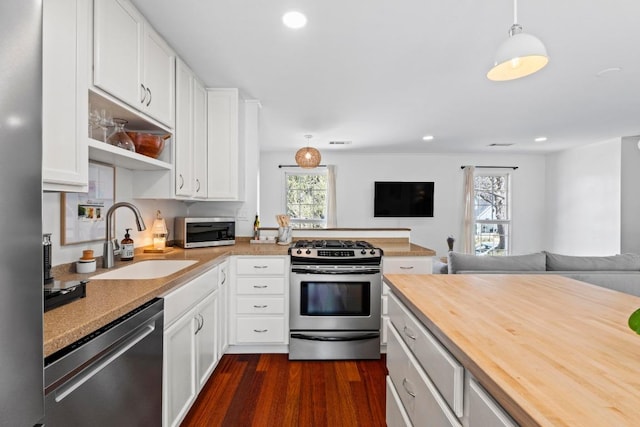 kitchen featuring stainless steel appliances, open floor plan, a sink, and wood counters