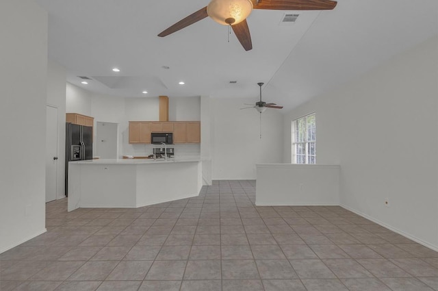 unfurnished living room with ceiling fan, light tile patterned flooring, visible vents, and recessed lighting