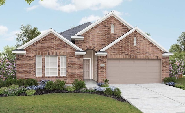 view of front of home with driveway, brick siding, a front lawn, and an attached garage