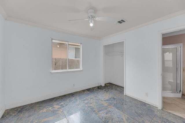 15009 Mossycup Ln, Austin, TX 78724 - unfurnished bedroom featuring ornamental molding, baseboards, a closet, and a ceiling fan