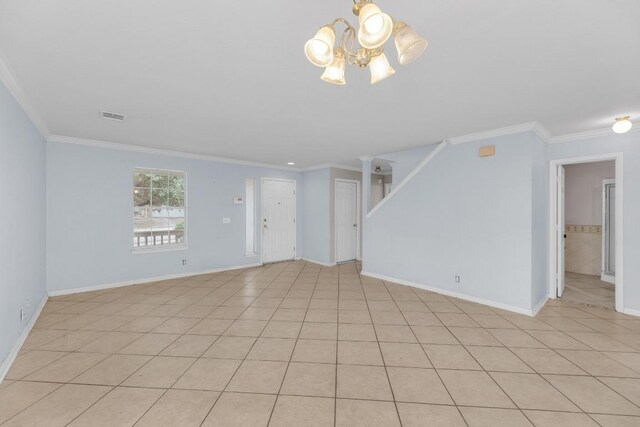 15009 Mossycup Ln, Austin, TX 78724 - unfurnished living room with a chandelier, crown molding, baseboards, and light tile patterned floors