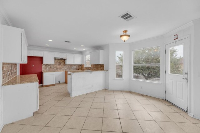 15009 Mossycup Ln, Austin, TX 78724 - kitchen featuring backsplash, crown molding, a peninsula, light stone countertops, and white cabinetry