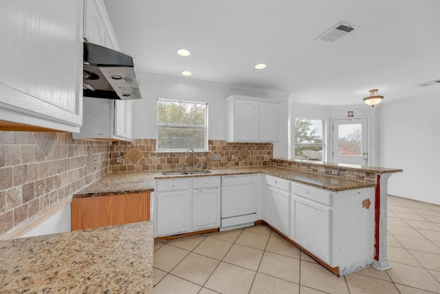 15009 Mossycup Ln, Austin, TX 78724 - kitchen featuring a sink, under cabinet range hood, light stone countertops, plenty of natural light, and recessed lighting