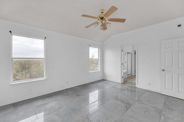 15009 Mossycup Ln, Austin, TX 78724 - unfurnished bedroom with baseboards, crown molding, lofted ceiling, marble finish flooring, and a ceiling fan